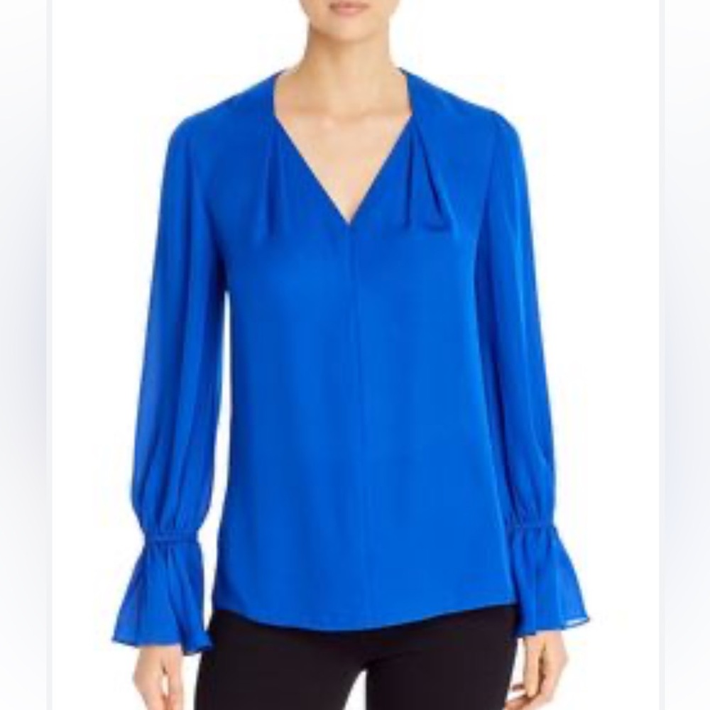 Kobi Halperin Blue Silk Blouse V Neck Long Sleeves Ruffle Wrists SZ XS EUC